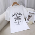 White cotton short sleeve T-shirt with Aloha palm tree print on a wooden hanger - S / White
