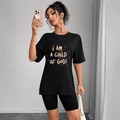 Women's black casual set with oversized graphic t-shirt and matching biker shorts - S / Black