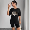 Women's black oversized ALOHA print t-shirt and matching high-waist cycling shorts set - M / Black