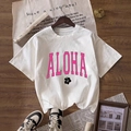 T-shirt blanc à col rond avec imprimé ALOHA rose et silhouette de fleur d'hibiscus - S / Blanc