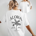 Women's white crewneck T-shirt with black palm tree back print and Aloha slogan - S / White