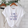 White short sleeve T-shirt with purple I Am A Child Of God print and small red heart icons - White
