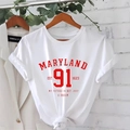 White crew neck T-shirt with red Maryland print and trendy front knot style - S / White