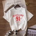 Women's white crew neck t-shirt with red Maryland 91 print in a loose fit style - S / White