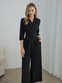 Mono elegante negro con cuello en V, pernera ancha y cinturón de lazo para mujer - S / Negro