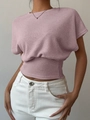 Elegante top rosa de punto gofrado con manga corta y cuello redondo para el verano - S / Rosa