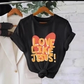 Black round neck T-shirt with LOVE LIKE JESUS print and red heart design - Black