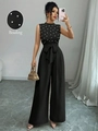 Elegant black sleeveless wide leg jumpsuit for women with white pearl bead embroidery - S / Black
