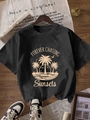 Women's black cotton t-shirt with retro beach sunset print and relaxed fit - S / Black