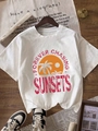 Minimalist white crew neck cotton T-shirt featuring a retro sunset palm tree print - S / White