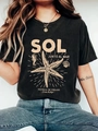 Women's casual cotton T-shirt featuring a vintage beige starfish and ocean theme print - S / Black