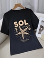 Women's black cotton t-shirt with orange starfish ocean print and Spanish beach text - S / Black