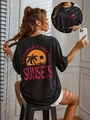 Oversize schwarzes T-Shirt mit Vintage Sonnenuntergang Print und Sunset Schriftzug - S / Schwarz