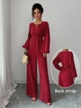 Elegant deep red long sleeve wide leg jumpsuit with V-neck and back strap detail - S / Burgundy