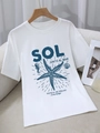Women's white crew neck cotton T-shirt with navy marine print on a wooden hanger - S / White