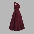 Detailed view of wine red one-shoulder evening dress with pleated waist and A-line silhouette - S / Burgundy