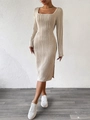 Elegant beige bodycon knit dress with square neck and vertical wavy texture detail - S / Apricot