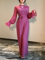 Eleganter rosaroter Langarm-Jumpsuit mit Volant-Manschetten und weitem Bein für Damen - S / Rosarot