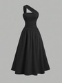 Elegant black one-shoulder sleeveless midi dress with pleated bodice and flared A-line skirt - S / Black
