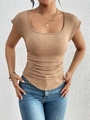 Slim fit khaki square neck T-shirt with ruffled cap sleeves and textured pleated fabric - S / Apricot
