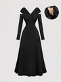 Elegant black long-sleeved A-line dress with V-neck, metal buckle and pleated details - S / Black
