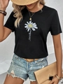 Detail eines schwarzen Baumwoll-T-Shirts mit weißem Gänseblümchen und let it be Schriftzug - S / Schwarz