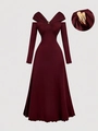 Elegant wine red V-neck long sleeve A-line dress with pleated detail and gold ring accent - S / Burgundy