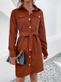 Chic caramel corduroy long sleeve shirt dress with waist belt and button pockets - S / Chestnut