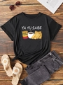 Flat lay of black cotton T-shirt featuring Cafe Bustelo coffee and biscuit print - S / Black