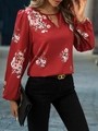 Detail der eleganten roten Blumenbluse mit Schlüsselloch-Ausschnitt und Laternenärmeln - S / Burgunderrot