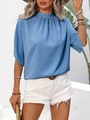 Elegante blauwe korte mouwen blouse met Swiss dots en geplooide opstaande kraag voor zomer - S / Teal