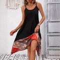 Women's summer strap dress with black bodice and paisley print asymmetrical hem - S / Black