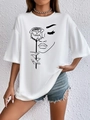 Weißes Oversize T-Shirt mit minimalistischem Rosen-Gesicht-Print und Rundhalsausschnitt - XS / Weiß