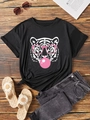 Platte weergave van zwart katoenen t-shirt met artistieke tijgerprint en roze bubbel - S / Zwart