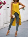 Detail of yellow sleeveless V-neck top with an asymmetrical crossover hem and draped fabric - S / Yellow
