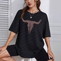 Zwart oversized dames T-shirt met vintage print van stierenschedel en cactus - S / Zwart