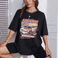 T-shirt noir oversize pour femme avec imprimé vintage racing et col rond décontracté - S / Noir