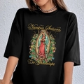 Dames zwart oversized T-shirt met religieuze print van Onze-Lieve-Vrouw van Guadalupe - M / Zwart