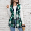 Women's plaid long vest with notched lapels and single-breasted buttons in green and white - S / Light Green