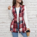 Elegant red and blue plaid sleeveless vest for women featuring a lapel and single-breasted design - S / Burgundy