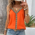 Bohemian style bright orange V-neck camisole with colorful geometric embroidery details - S / Orange