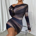 Slim fit one-shoulder tie-dye dress with long sleeve and ruched marble pattern detail - XL / Tie Dye