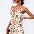 Floral spaghetti strap wrap dress with V-neck and waist tie in leopard print - S / Apricot