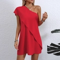 Vibrant red one-shoulder layered mini dress in lightweight fabric for summer vacation - S / Red