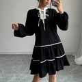 French style long sleeve black dress with contrast white trim and lace-up collar - S / Black