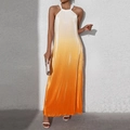 Halter pleated maxi dress with white to orange gradient and sleeveless backless design - S / White To Orange Gradient