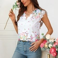 Dames mouwloze top met bloemenprint, V-hals en witte kanten rand voor de zomer - S / Wit