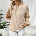 Elegant beige long sleeve blouse with white pearl embellishments and lantern sleeves - S / Apricot
