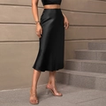 Elegant high-waist black satin midi skirt with a smooth silky texture and A-line silhouette - S / Black