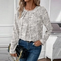 Women's plaid long sleeve blouse with pleated neckline in black and white texture - S / White